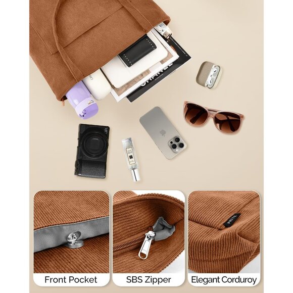 Women Brown Corduroy Large Shoulder Tote Shopping Bag with Zipper and Pockets - Picture 5 of 7